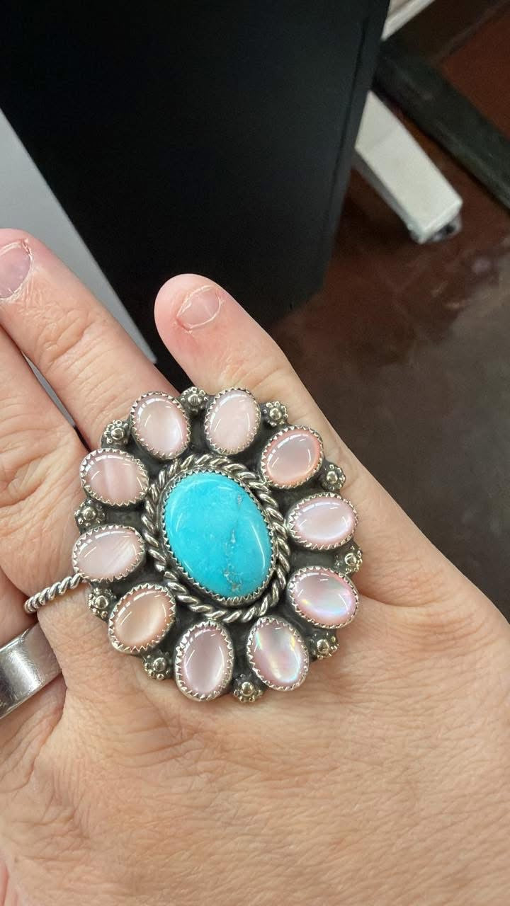 Mother of Pearl and Kingman Cluster Ring