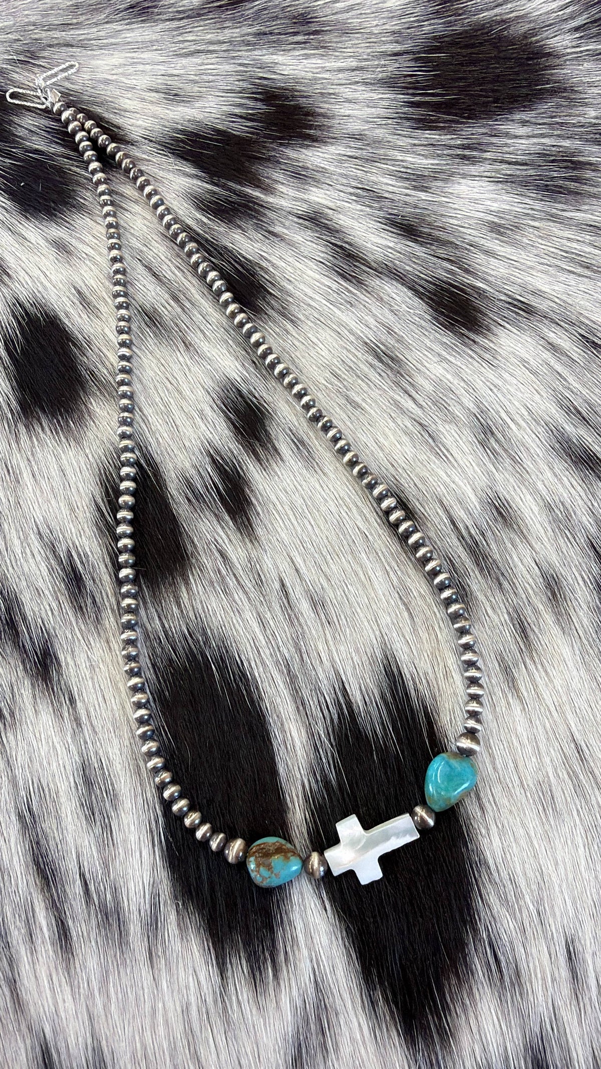 Pearl Cross/turquoise & 3mm sterling pearls necklace