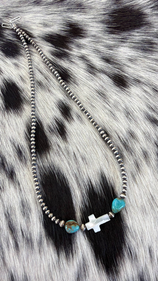 Pearl Cross/turquoise & 3mm sterling pearls necklace